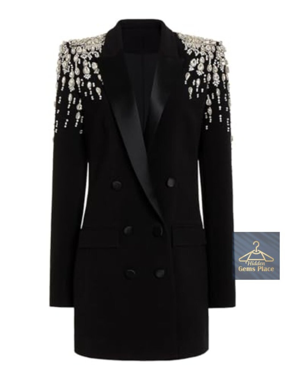 Women's Rhinestone Long Blazer Dress Jacket Luxury Handmade Diamond Satin